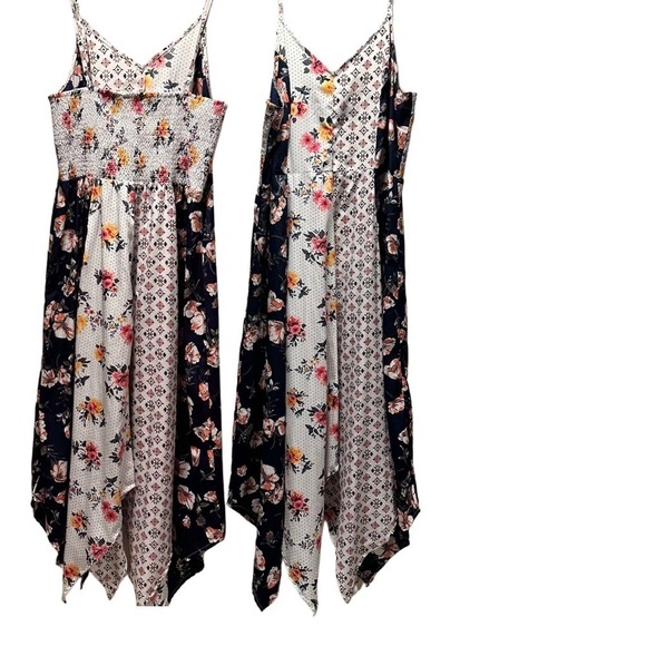 Mlle Gabrielle Asymmetrical Patchwork Print Dress Floral VNeck Spaguetti Strap L - Picture 4 of 15